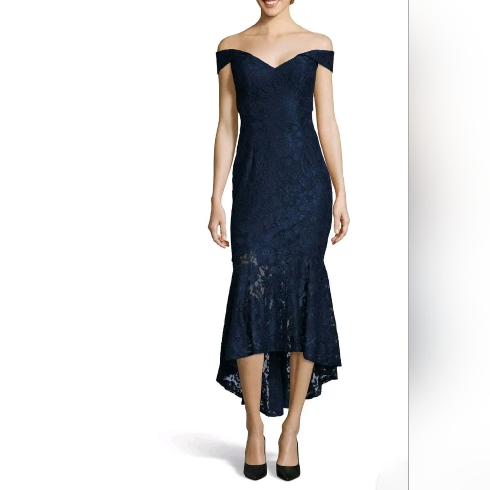 Xscape Off-the-Shoulder High Low Floral Flouce Lace Dress- Navy Blue - Picture 4 of 12
